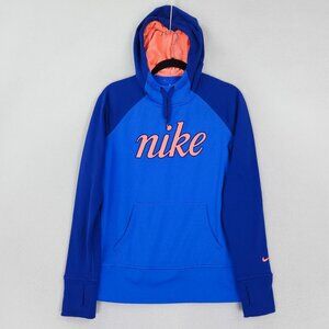 Nike Sweater Womens Medium Blue Therma Fit Hoodie Spell Out Swoosh Pullover